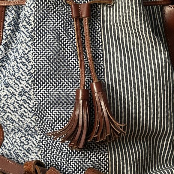 J. Jill Leather Fabric Bucket Large Tote Bag Boho Bag Brown Blue White - Picture 3 of 12